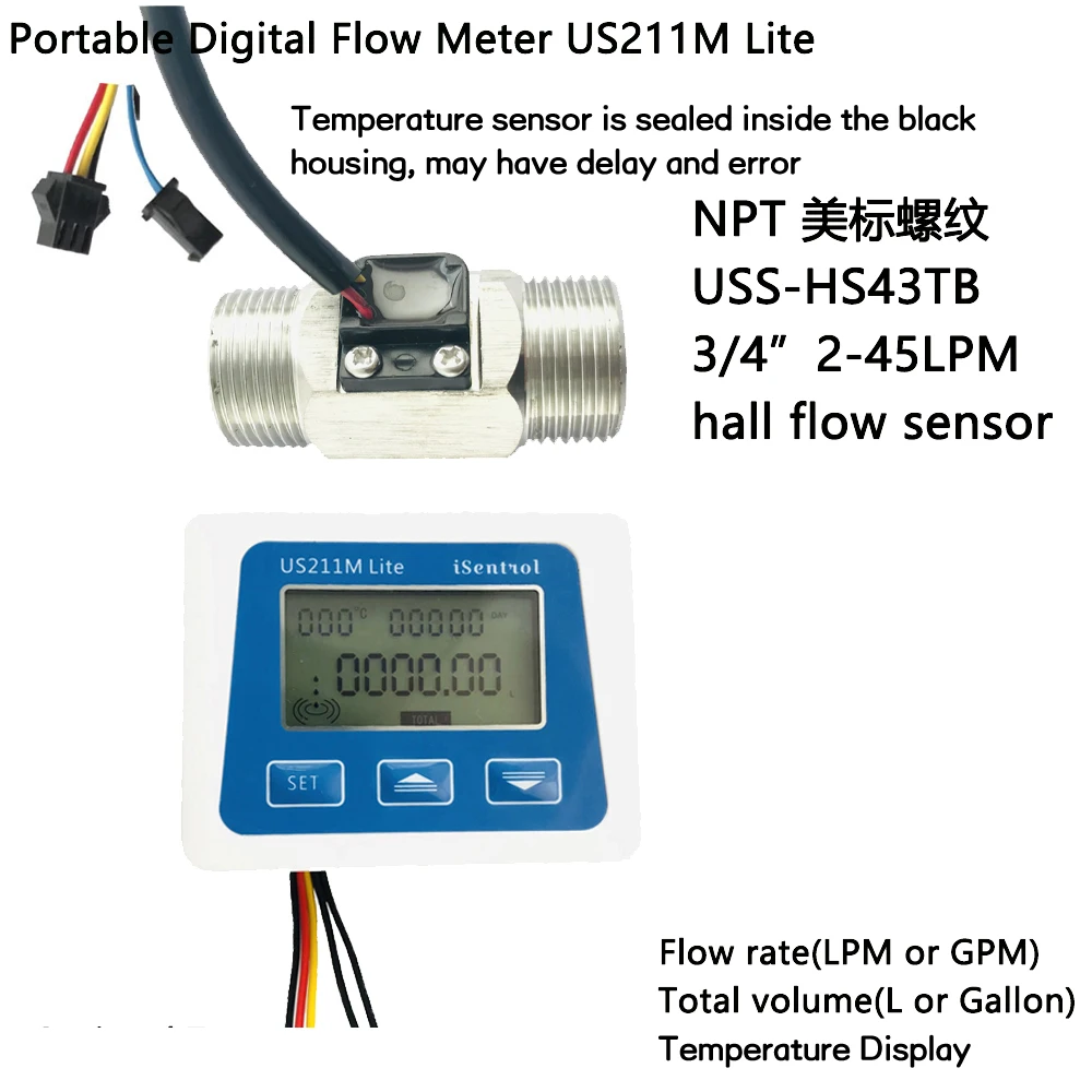 

US211M Lite Digital Flow Meter & NPT USS-HS43TB Stainless Steel 304 Hall Water Flow Sensor 2-45L/M NPT 3/4" Turbine Flowmeter