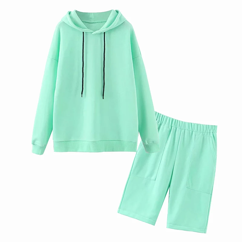 Aachoae 2020 Solid Color 2 Piece Set Women Casual Hooded Sweatshirt With Fashion Baggy Half Pants Two Piece Set Top And Pants