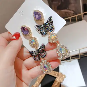 

Luxury Crystal Butterfly Water Drop Earrings Fashion Long Drop AB Earrings Temperament Party Jewelry Wholesale