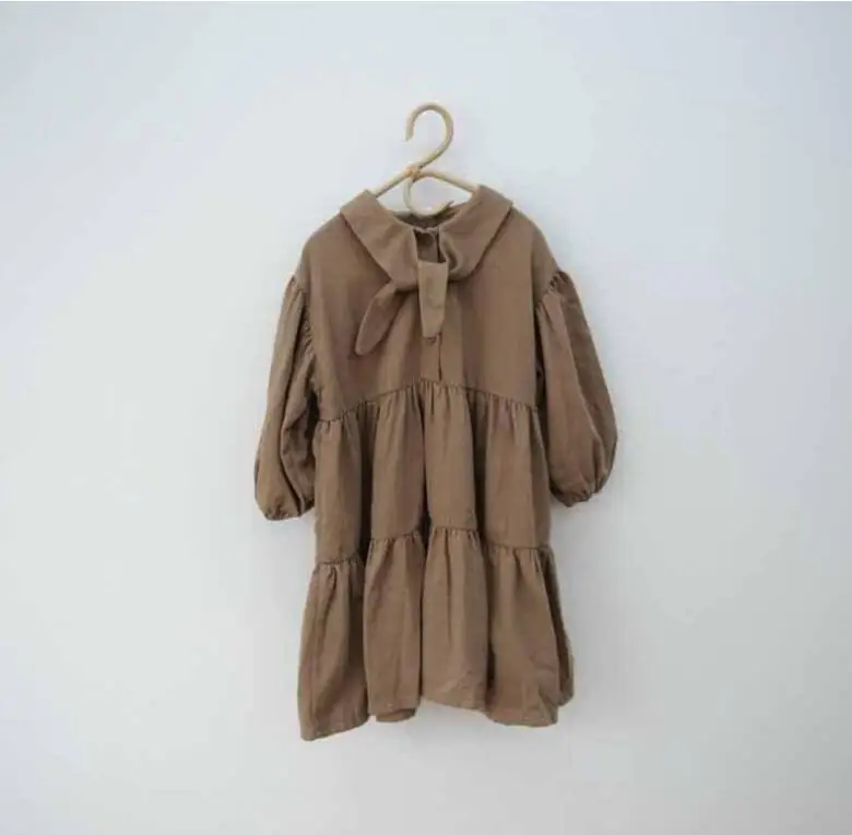 Новое Стильное платье с бантом для девочек модные весенние хлопковые льняные платья для девочек 1-7 лет, HJ263