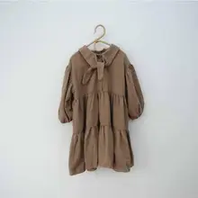 Новое Стильное платье с бантом для девочек модные весенние хлопковые льняные платья для девочек 1-7 лет, HJ263