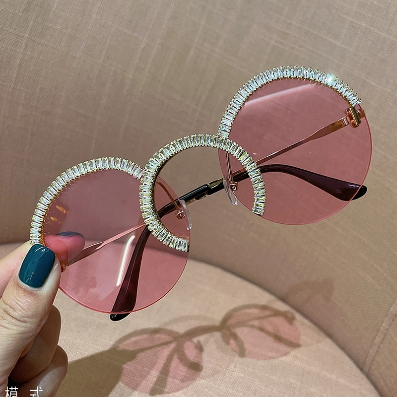 Zircon oversized sunglasses 2020 luxury Round sun glasses women Clear lens Eyeglasses Shades For Women  oculos feminino