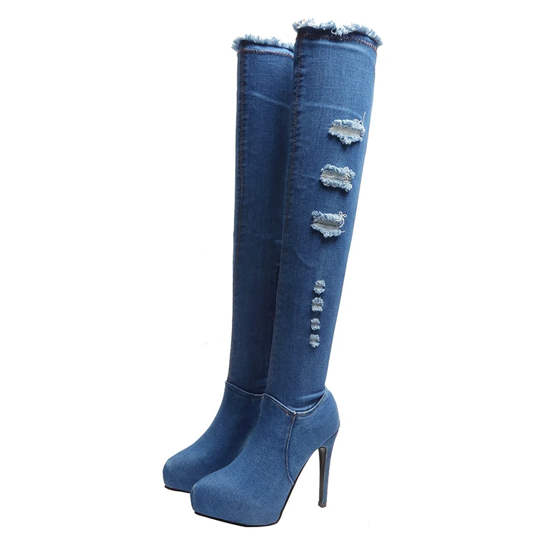 Botines Mujer High Heels Denim Buckle Women Shoes Winter Woman Jean Sexy Lady Over The Knee Thigh High Boots Booties N86