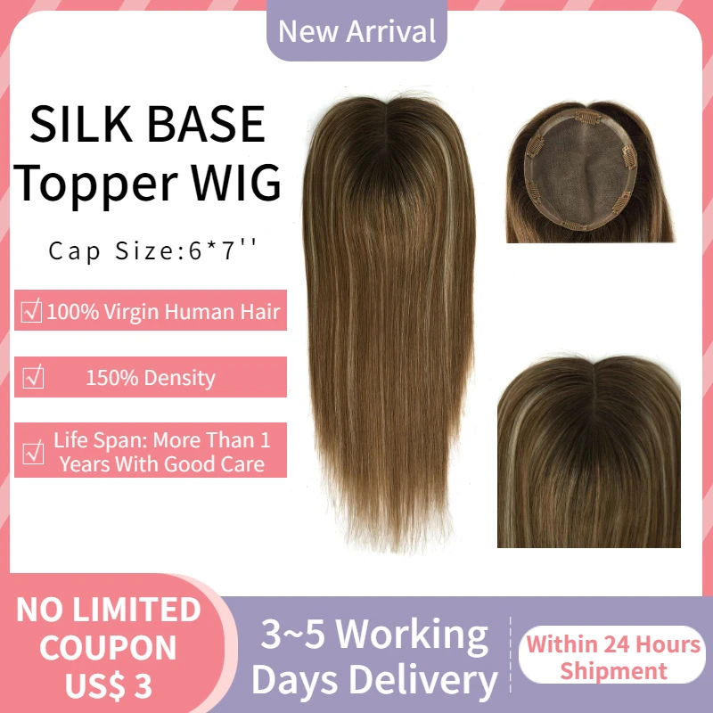 Peruca de Topper do Couro Falso do Virgin Base de Seda com 6 Reto da Densidade de 150% para a Mulher Base Grampos no Cabelo Cabeludo aw 14 6 6*7