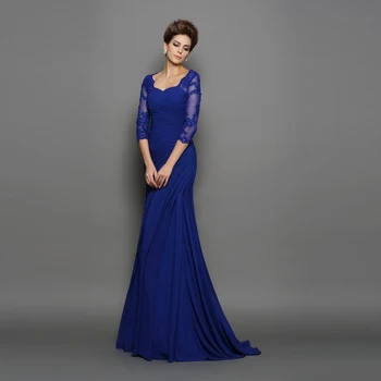 

2020 Gorgeous Royal Blue Lace Applique Mother of the Bride Dresses Plunge Neckline with 3/4 Sleeves Beaded Wedding Party Gowns