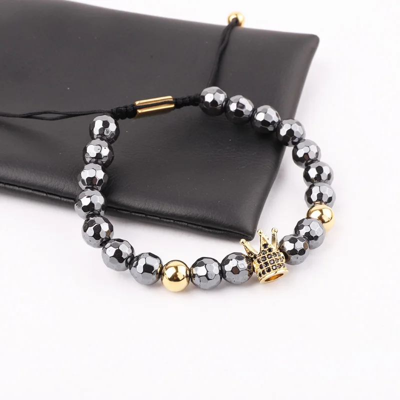 New Design High Quality Hematite Beads 316L Stainless Steel Roman Bangle CZ Pave Crown Charms Bracelet Set Men Jewelry Gift - Image 3