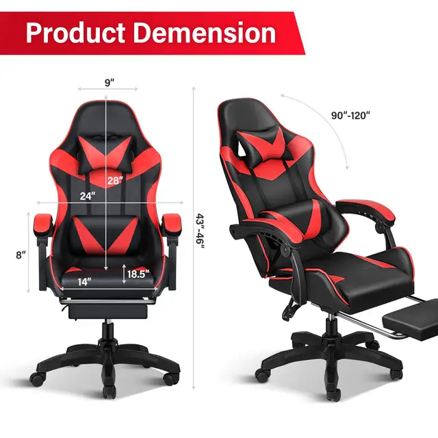 Ergonomic Support Backrest Gaming Chair Office Chair Adjustable Back Recliner With Footrest High Back Computer Ergonomic Adjustable Swivel Chair Black & Red/ Black & Grey/ Black & White Gaming Chair (Fast US Delivery) Ship To US Only 5