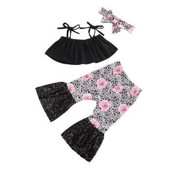 

3pcs Summer Baby Girls Clothes Sets Off Shoulder Crop Tops+Floral Flare Pants+Headband Toddler Clothes Baby Costume
