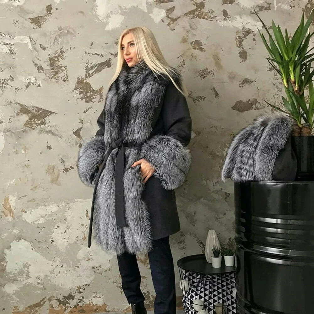 Women Fashion Wool Blends Coat with Silver Fox Fur Long Collar Natural Full Pelt Genuine Fox Fur Cashmere Long Coats Outwear