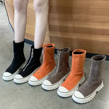 

2019 autumn new Martin boots women fashion simple solid color thick soles suede comfortable zipper decorative casual boots