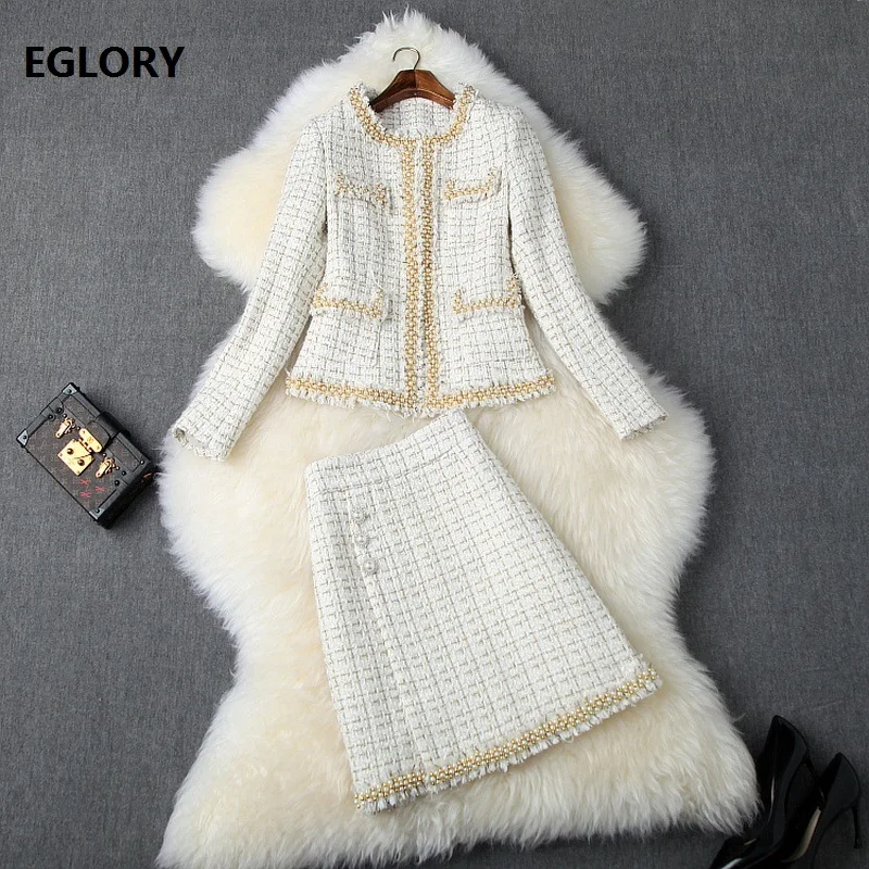 

High Quality Wool Suits 2019 Autumn Winter Jacket Set Women Golden Beading Tassel Wool Jackets+Knee-Length Wool Skirt Set 2pc
