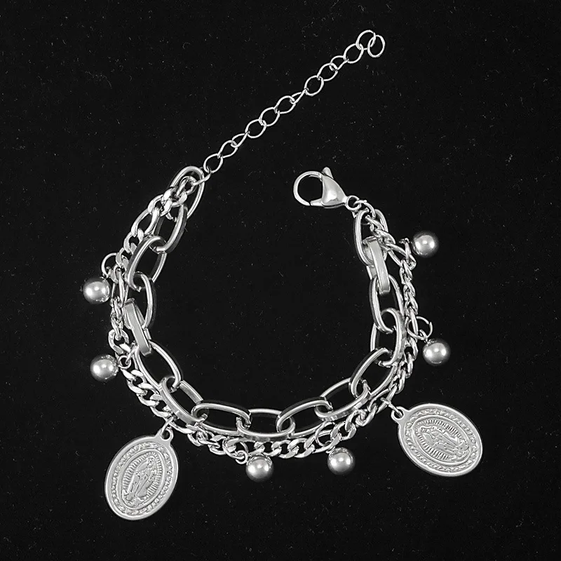 

2019 New Bracelet And The Cold Wind Personality Hip-hop Punk Girl Stainless Steel Double Bracelet Lady Jesus To Cross Pendant