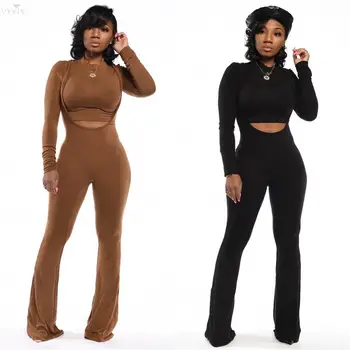

New Women Tracksuit Long Sleeve Elegant Crop Top And Spaghetti Strap Jumpsuit Women Two Piece Set Skinny Hollow Out Outfits Set