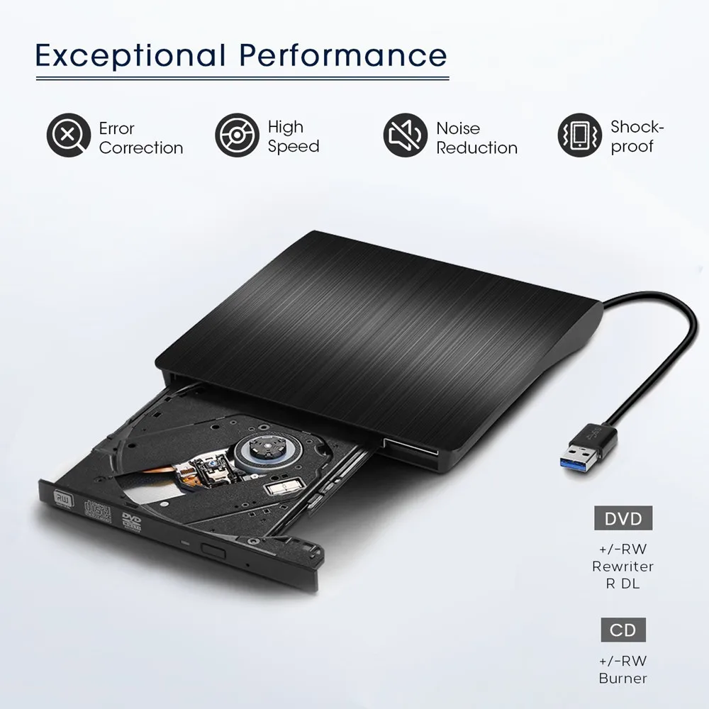 Black KuWFi Внешний USB 3,0 диск CD-RW DVD-ROM DVD-RW горелки dvd плеер USB Портативный компакт-дисков считыватель для Windows7/8/10 портативных ПК - Цвет: Black