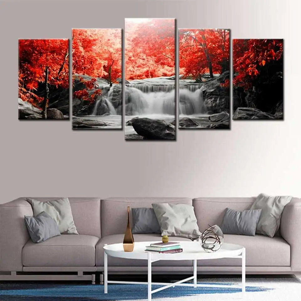 

Modern Nordic 5 panel red tree picture modular Forest Wall Art Decor Canvas HD Print Wall Pictures living room home decoration