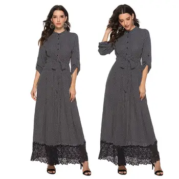 

Women Long Sleeve Maxi Dress Lace Patchwork Shirt Dress Button Muslim Polka Dot Islam Clothing With Belt Arab 2019 Fashion Dress