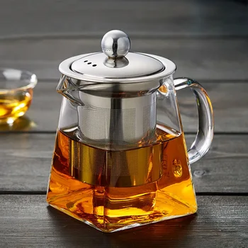 

950ML Heat-resistant Glass Stainless Steel Filter Teapot High Temperature Resistance Glass Tea Set Square Square Flower Teapot