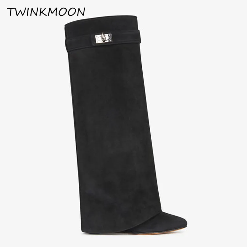 Wedge Shark Lock Women's Boot Genuine Leather Knee High Boots Winter Black Designer Fold Over Long Boot Botas Botas Mujer 2019