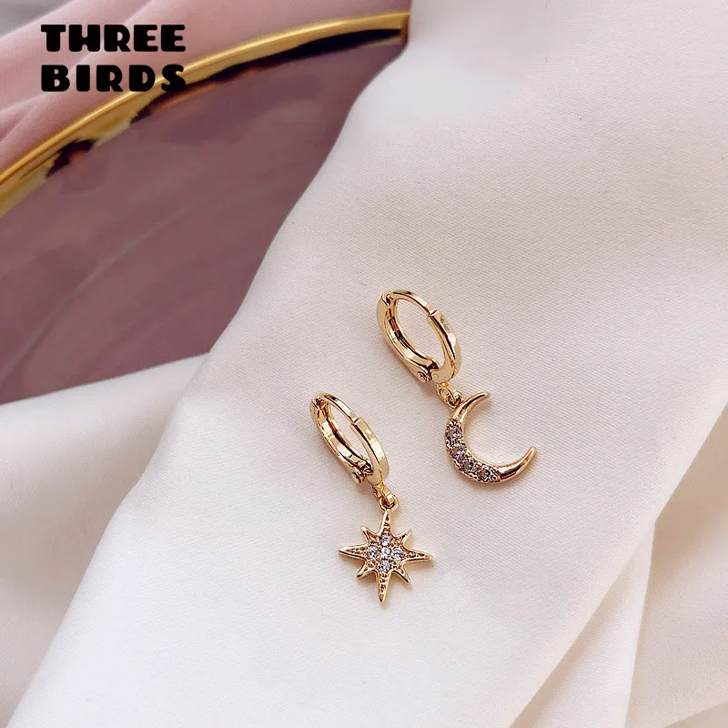 

Tiny Trendy Cubic Zirconia Silver Moon Star Drop Earrings Rose Gold Round Asymmetric Hoop Earrings For Women Jewelry E-h0382