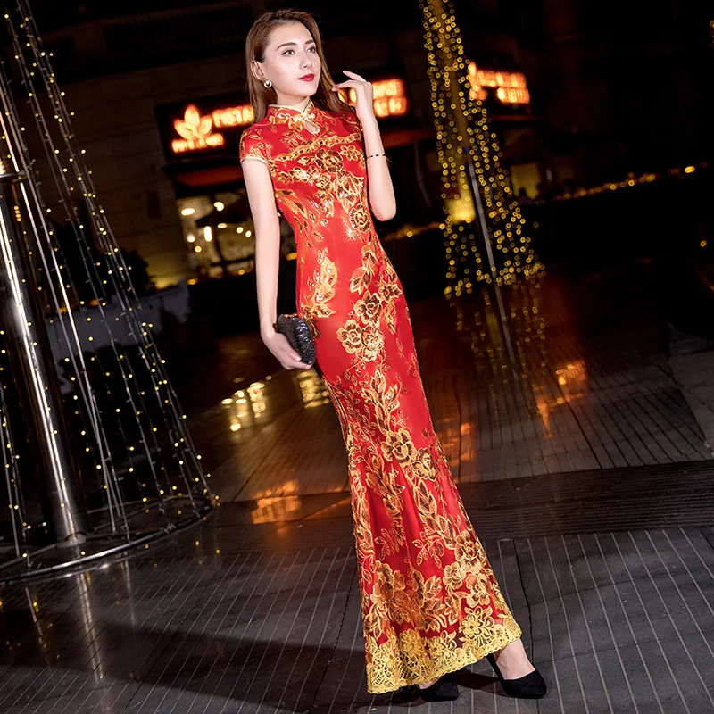 

Sexy Slim Sequins Cheongsam Mermaid Dress Grace Dress Ladies Evening Party Gown Chinese Style Embroidery Qipao Catwalk Costume