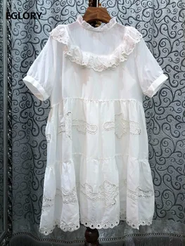 

Top Quality Cotton Dress 2020 Summer Women Ruffled Collar Cut Out Embroidery Short Sleeve Straight Elegant Party Ladies Dresses