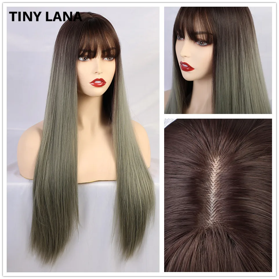 Comprar Pelucas largas de LANA pequeñas para mujer con flequillo pelucas rectas sintéticas resistentes al calor para mujeres afro americanas