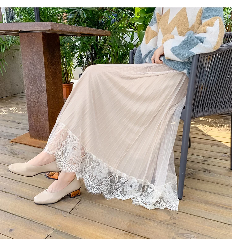 Velvet Skirt Women Autumn Winter Shiny Pleated Party Mesh Lace Skirt Elastic High Waist Patchwork Midi Long Skirt Korea
