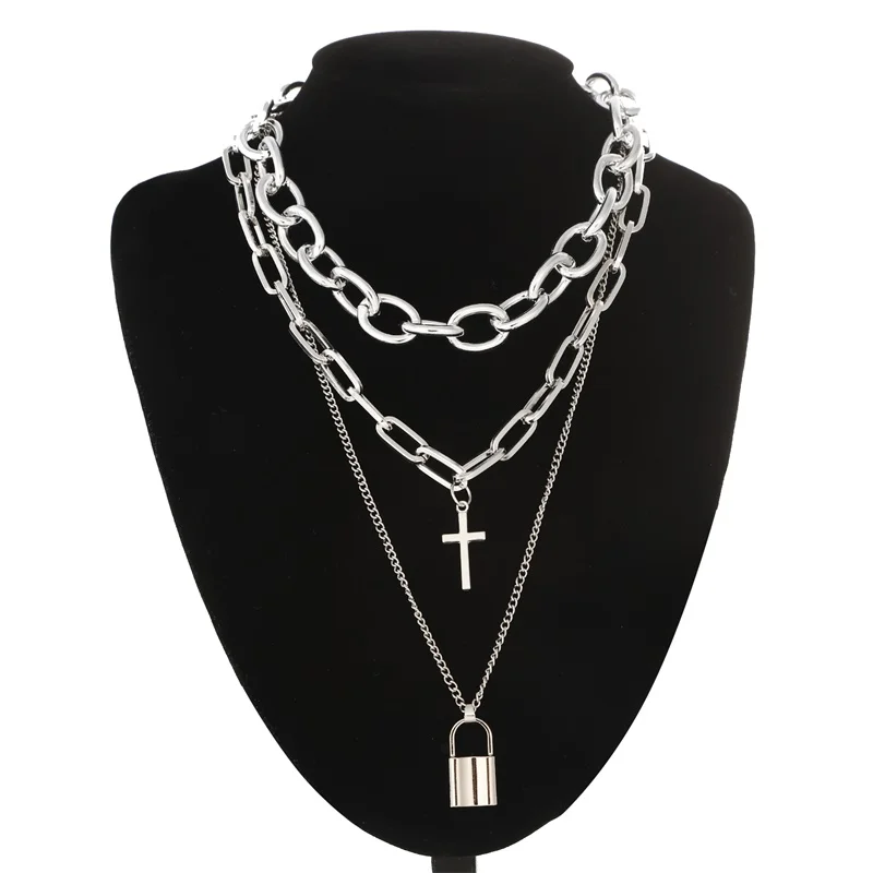 Layered Chain Necklace Cool Lock Goth Accessories Grunge Style