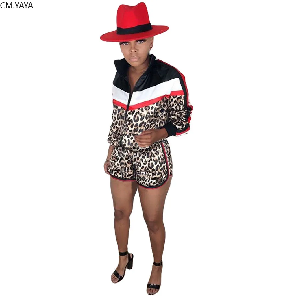 New Leopard Print Patchwork Elegant Women's set Tracksuit Long Sleeve Sweatshirt Shorts Suit Sporty Two Piece Set Outfits GL972 | Женская