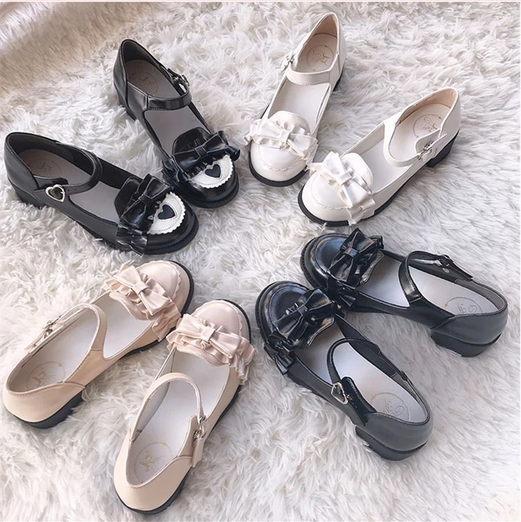 

Kawaii girl sweet lolita shoes vintage round head thick heel women shoes cute lace ruffle bowknot kawaii shoes loli cosplay