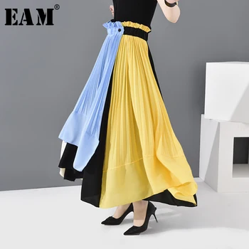 

[EAM] High Elastic Waist Pleated Contrast Colot Temperament Half-body Skirt Women Fashion Tide New Spring Autumn 2020 1H01107