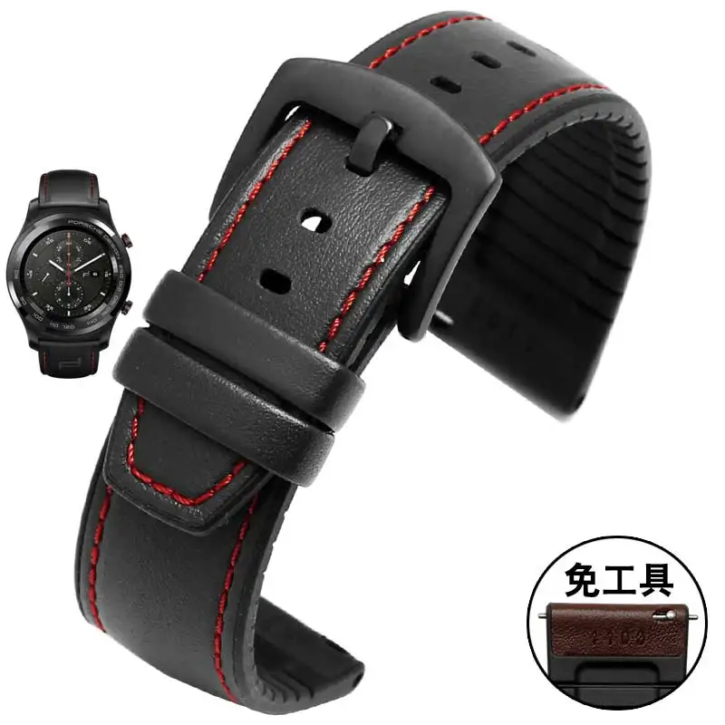 22 мм кожаный браслет для huawei Watch GT magic watch 2pro Смарт-часы в деловом стиле Замена 2 в 1 кожаный силиконовый ремешок - Цвет ремешка: black red-black