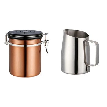 

1 Pcs Airtight Coffee Container Storage Canister & 1 Pcs 400Ml Stainless Steel Pull Coffee Milk Foam Pot Cup