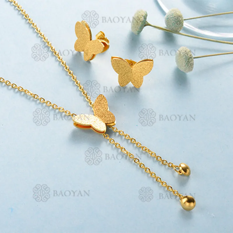 Baoyan, Модный золотой ювелирный набор, матовое золото, нержавеющая сталь, ювелирный набор, опт, Золотая Бабочка, Свадебные Ювелирные наборы для женщин