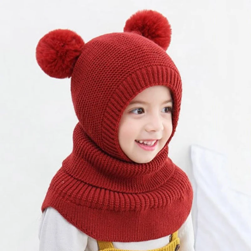 Зимняя шапка для детей 2-6 лет, шапочки для мальчиков, шапочка с двумя помпонами, детские вязаные шерстяные теплые шапки, защищающие шею лица, шапки-ушанки для девочек