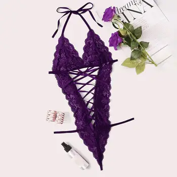 

sostenes de mujer Sexy ladies Teddy One Piece Bodysuit Lace Bandage Underwear Deep V Halter Lingerie plus size T@