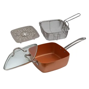 

Copper Non-Stick Deep Sided Square Pan Kit with Lid 24cm 4 Piece Set Large Induction Base Great Deep Square Induction Fry Pan