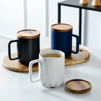 

Nordic Ceramic Milk Coffee Mug with Wooden Handle Creative Couple Home Office Table Decoration Cover Water Drinking Cup Gift Set