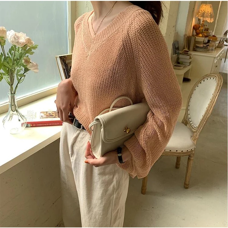 

New 2020 Autumn Winter Women's Sweaters V-Neck Sexy Pullover Minimalist Korean Knittied Hollow Out Knitwears CL485