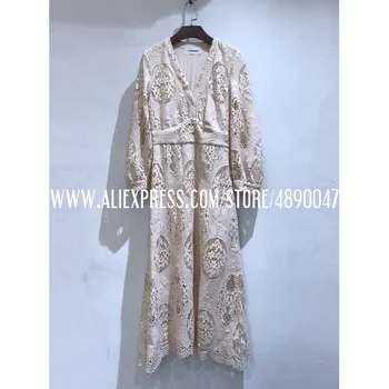 

Summer Party Robe Exquisite elegant Casual Long Dress Puff sleeve V-neck hollow chain link flower waist dress