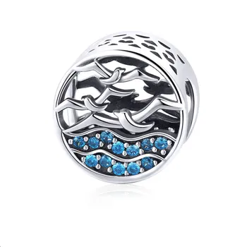 

Genuine 925 Sterling Silver Flying Seagulls on the Ocean Round Beads for Women DIY Charm Bracelet Accessories CMC1454