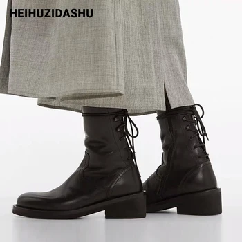 

Back Cross straps knight boots women Black thick heel patent leather Mid Chunky boots Autumn/winter fashion British women boots