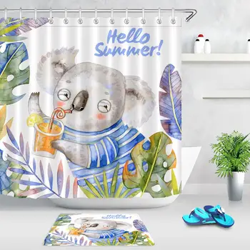 

Funny Koalas Shower Curtain Watercolor Leaves Summer Cartoon Animals Waterproof Polyester Fabric Bathroom Decor Bath Curtains