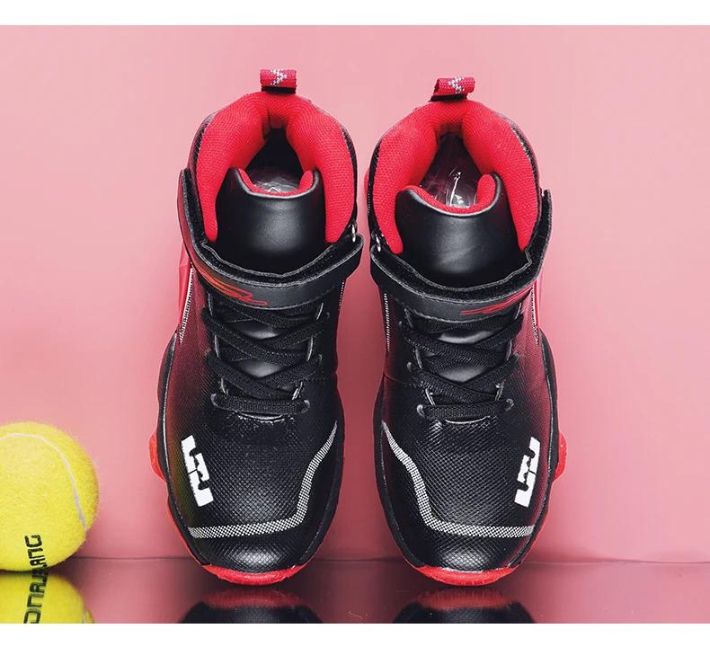 Новинка, Стильные Баскетбольные кроссовки для мальчиков и девочек, удобные детские уличные кроссовки, черные, красные детские спортивные кроссовки