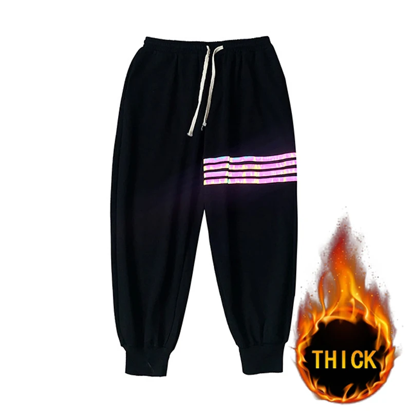 

Winter Harajuku Hip Hop Solid Color Joggers Male Sweatpants Streetwear Pants Trousers Reflective Strip Decoration 9-point Pants