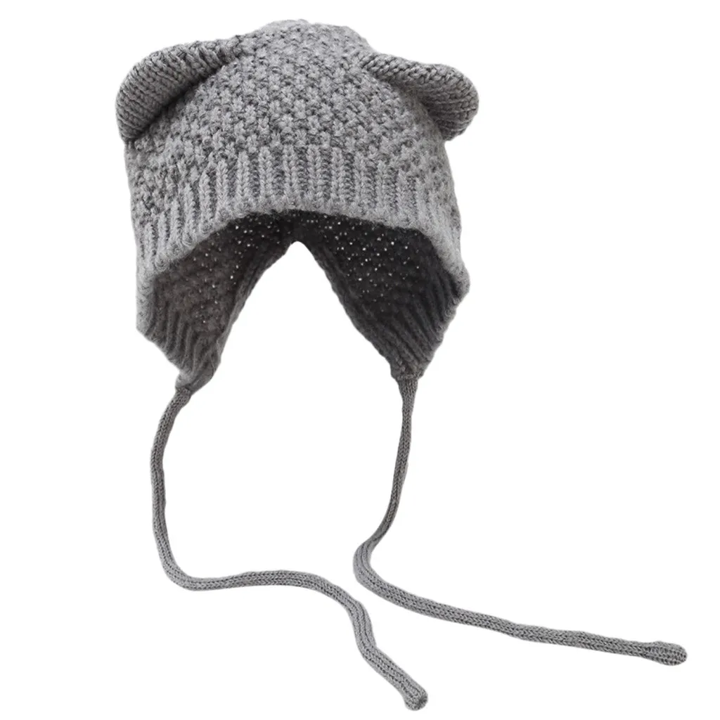 Зимние шапки для женщин, Модная вязаная шапка, кошачий комплект с ушами, зимняя однотонная шляпа, шерстяная Толстая теплая однотонная шапка с наушниками T4