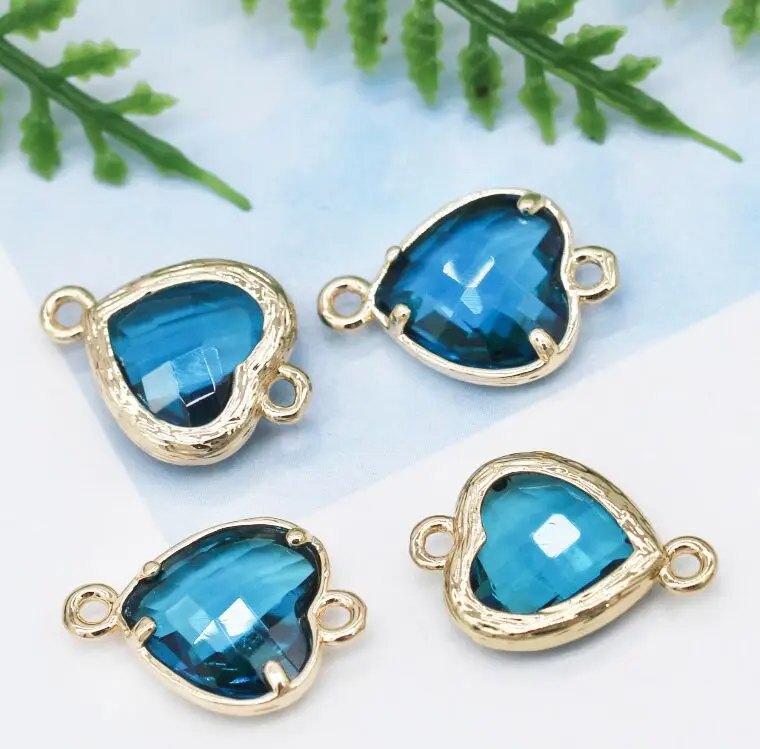 capri blue 12p10мм со стразами, в форме сердца, ограненный стеклянный кулон в рамке, ожерелье, соединитель, серьги, фурнитура, 2 петли, ювелирные изделия, металлические бусины - Цвет: capri blue