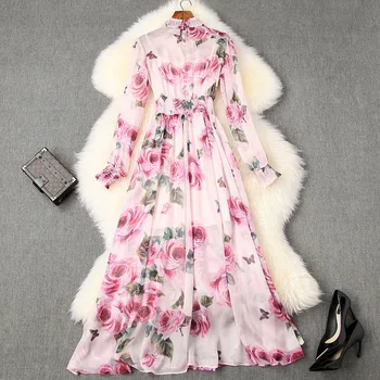 

Pink 2020 Spring Style Women Hand Made Beading Charming Rose Flower Print Long Sleeve Casual Maxi Dress Bohemia Beach