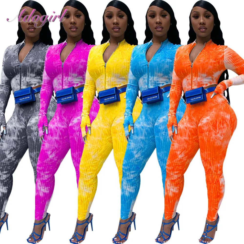 Women Ribbed Knitted Two Piece Sets Tie Dye Print Long Sleeve Zippers Jacket Tops Joggers Pants Suit Outfit Sportwear Tracksuit |