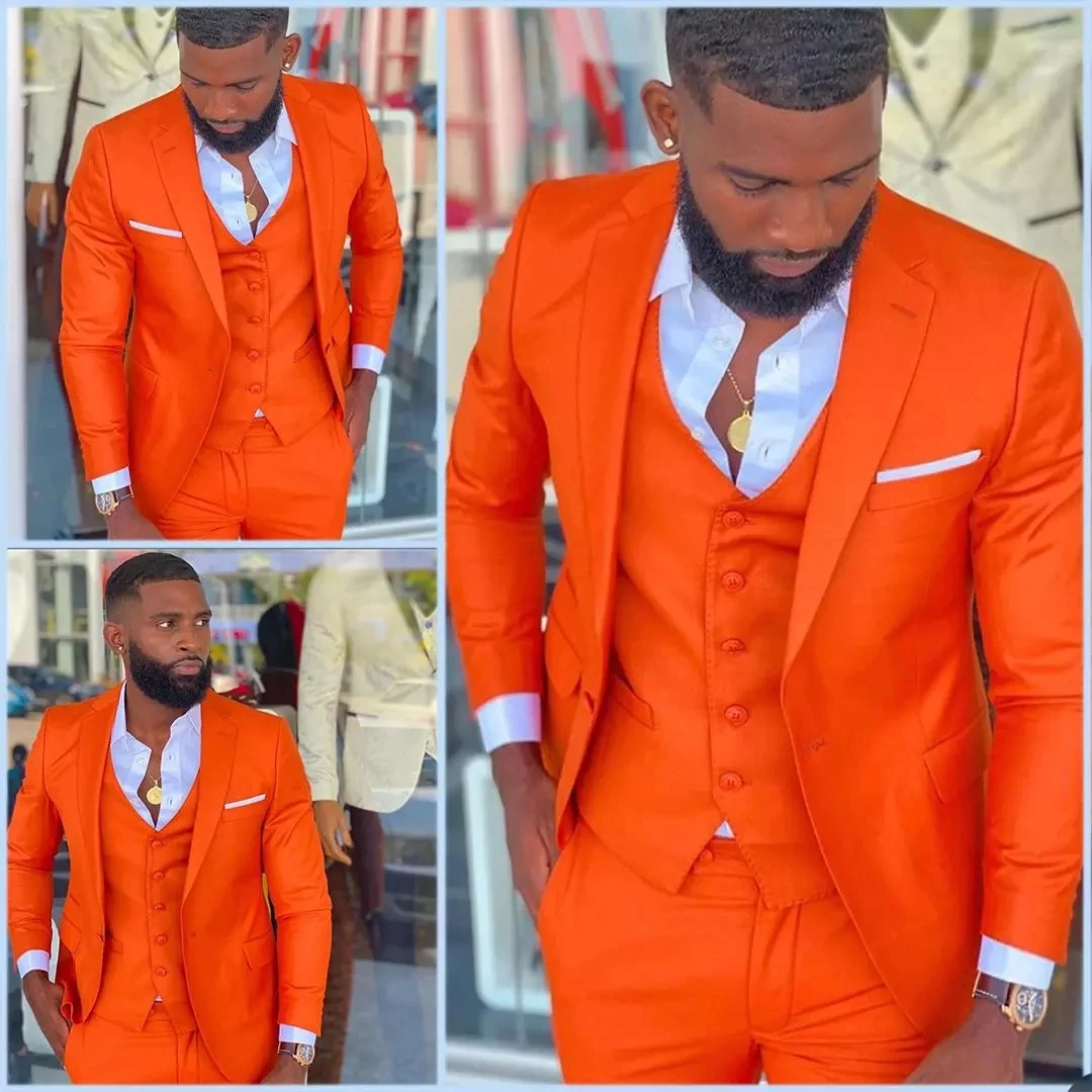

Bright Orange Jacket Vest Pants Man Suits Slim Fit Costume Wedding Dress Notched Collar Groom Tuxedos Prom Suits Coat 3pc Suits
